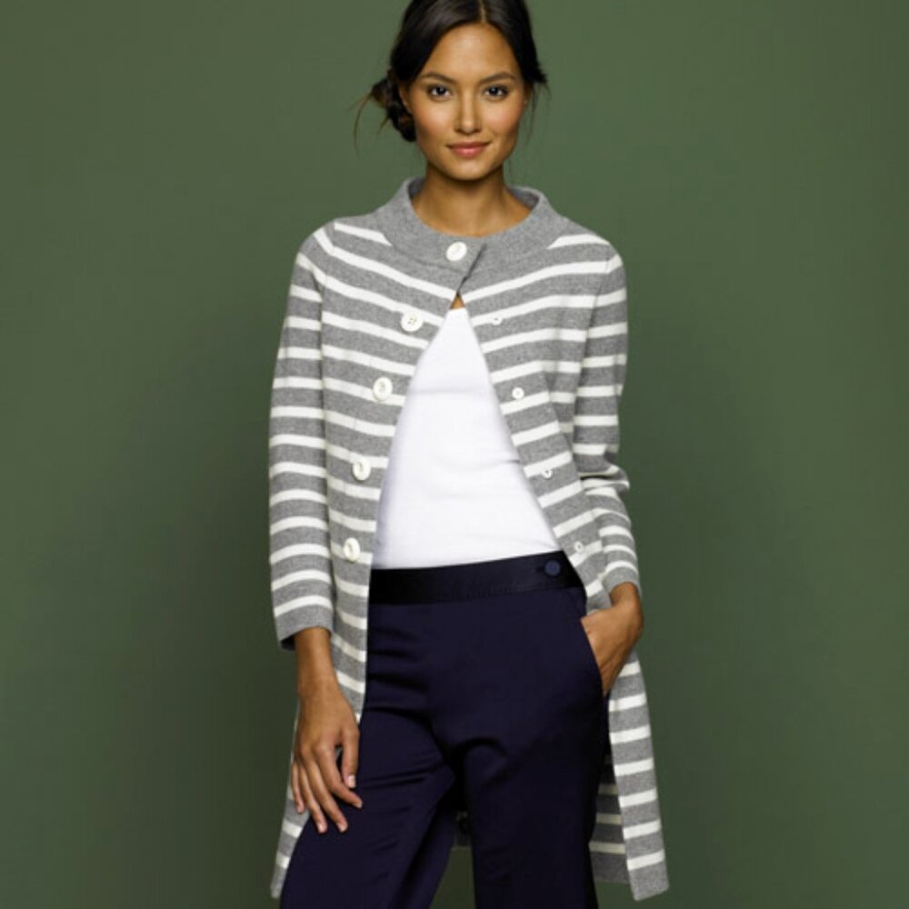 J.Crew KD6774 grey white stripe merino wool sweater cardigan coat XS 0